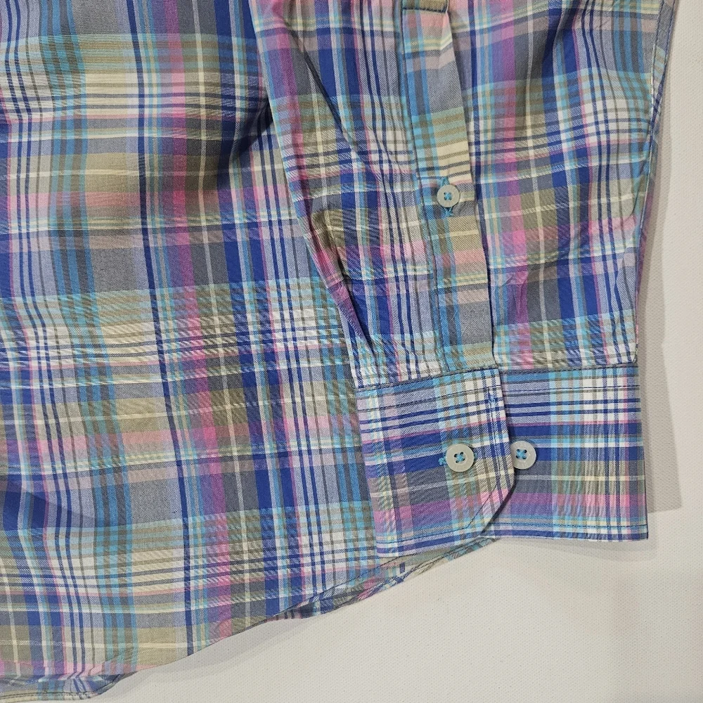 Alan‎ Flusser Button Down Shirt Mens Large Blue Green Pink Plaid Business Casual